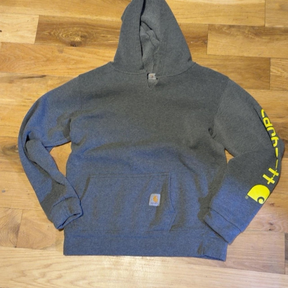 Carhartt Gray Pullover Hoodie Neon Yellow Sleeve Logo Mens Medium 00088